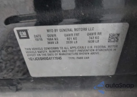 2016 Chevrolet Sonic Lt Auto from USA, damaged, VIN 1G1JC6SH5G4117845